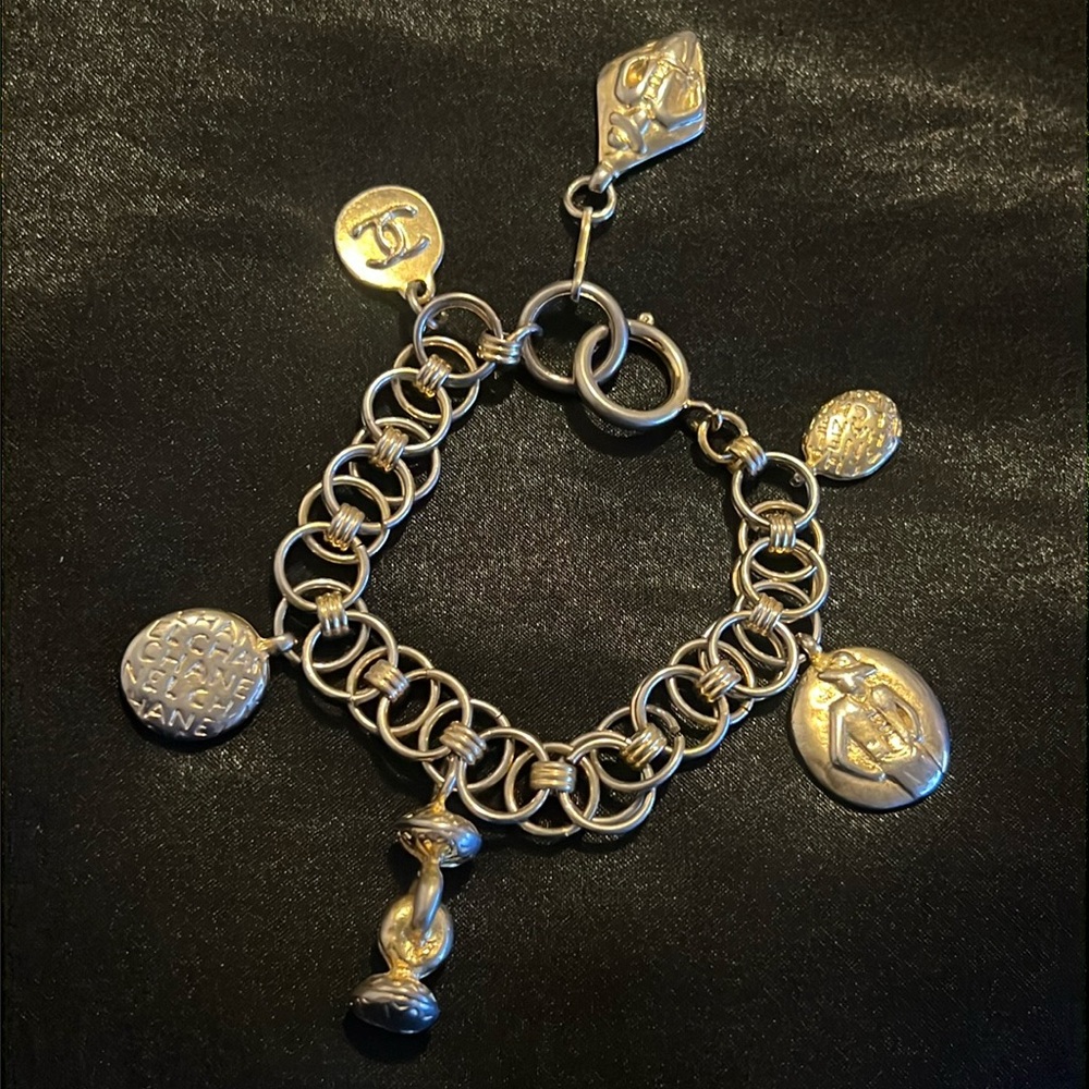 CHANEL Vintage 1980s Mademoiselle Chain Bracelet Charm Gold Tone